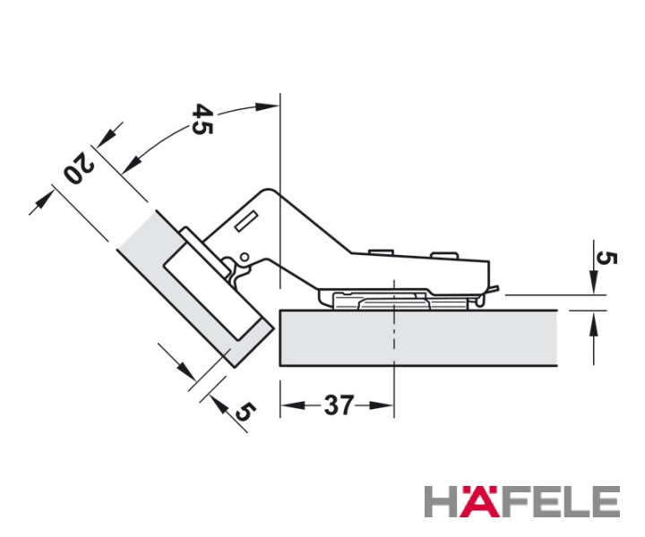 Metalla 110° Hinges for 45° Angle cabinets dimensions