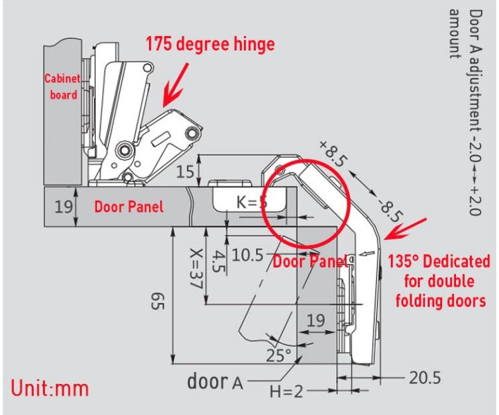 Metalla 135° Bi-fold Corner Hinge schematic diagram